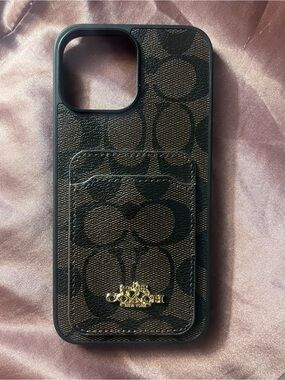 Coach Brown Signature Canvas Card Slot Phone Case with Gold Logo